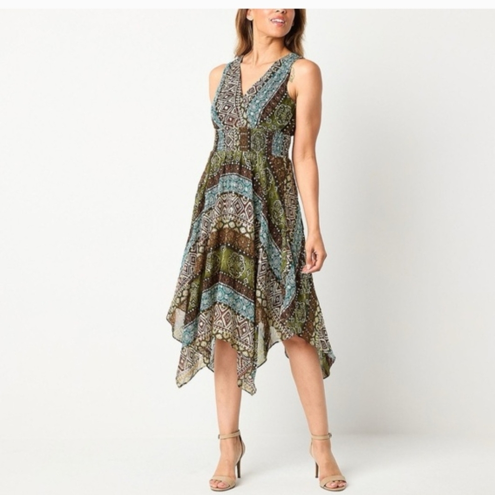 NWT Rabbit Rabbit Rabbit Olive and Blue Patchwork Asymmetrical Hem Dress